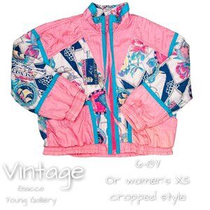 Vintage Girls Pink Postcard Print Bomber Windbreaker Tracksuit Jacket 6-8 / XS